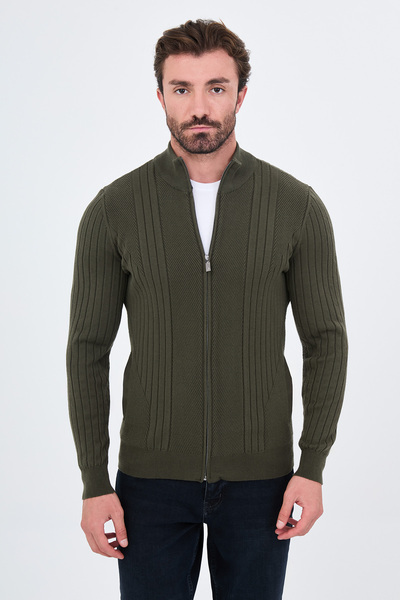 Mcr Striped Slim Fit Cashmere Zippered Side Pocket Stand Collar Men's Knitwea...