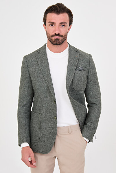 Mcr Textured Slim Fit Mono Collar Pocket Premium Wool Blend Men's Jacket Khak...