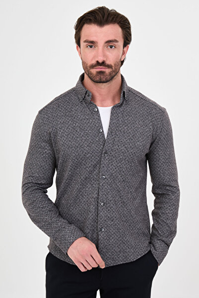Mcr Patterned Slim Fit Stand Collar Lumberjack Long Sleeve Men's Shirt Gray-B...