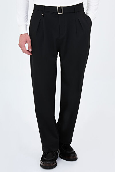 Mcr Straight Baggy Fit Double Pleated Belted Men's Trousers Black - 38393.26K