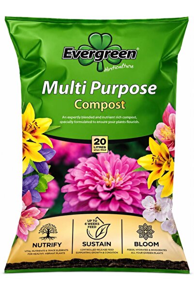 Evergreen Multi Purpose 20 LİTRE – Genel Kullanım İthal Çiçek Toprağı & 6 Hafta Etkili Besleyici Torf Harcı