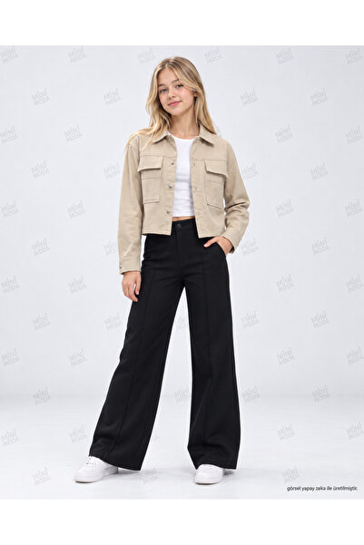 Minimoda Kids Kız Çocuk Bej Çift Cepli Çıtçıtlı Crop Ceket