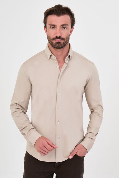 Mcr Cămașă pentru bărbați, slim fit, cu guler ridicat, cu mânecă lungă, bej -...