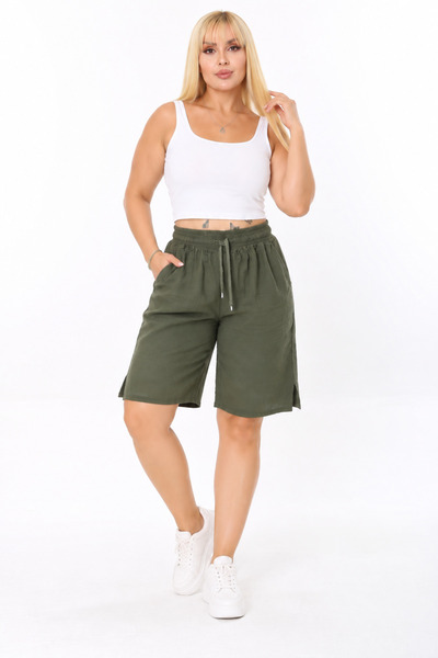 Butik Ayseba Women's Linen Khaki Green Plus Size Capri Shorts