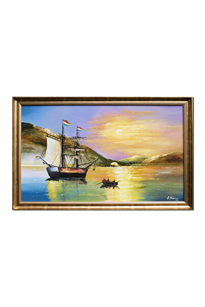 artnova Рамкирана ръчно рисувана картина: Залез с платноходка, 110x70см, масл...
