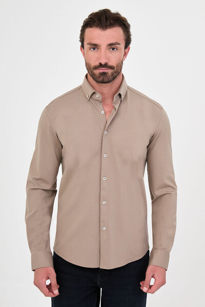Mcr Düz Slim Fit Dik Yaka Oduncu Uzun Kollu Erkek Gömlek Vizon - 27161.26K