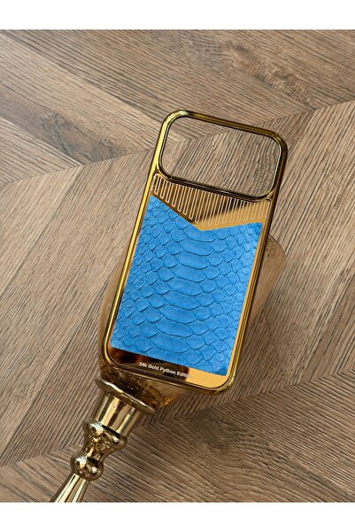 Altın Kaplama ve Glacier Buzul Mavi Yılan / Piton Derili iPhone 18 Pro Max Kılıf