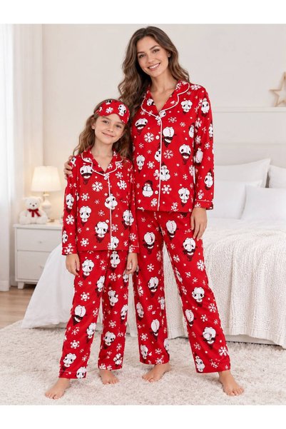 Fil Kids Mother-Daughter Cotton Suede Fabric Sleeping Bandage Snowman New Year Themed Red Color Winter Pajama Set