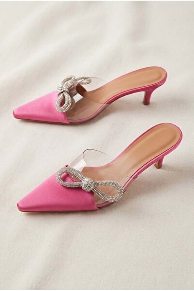 ShoeTek Livve Women's Heeled Slippers Mesh Thin Heels Side Bow Stone Fuchsia ...