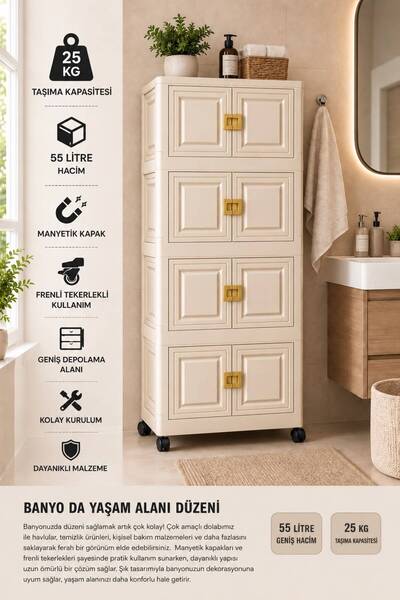 Solto Home 4 Katlı Çok Amaçlı Dolap Katlanır Tekerlekli Mıknatıslı Kapaklı Po...