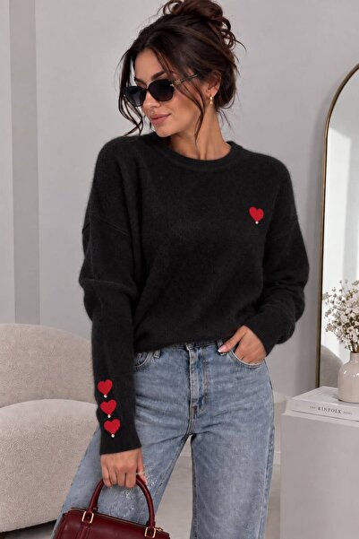 ikomteks Women's Heart and Stone Detailed Short Bearded Knitwear Sweater