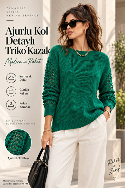 Miss Kiss Women's Openwork Sleeves Crew Neck Soft Textured Knitwear Sweater G...