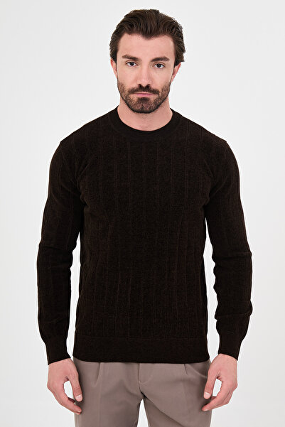 Mcr Ribbed Slim Fit Crew Neck Chenille Men's Knitwear Sweater Brown - 11614.26K