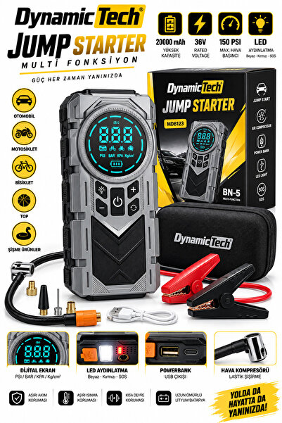 DynamicTech Jump Starter 20000mAh 36 V 150 PSI Akü Takviye Cihazı Hava Kompresörü