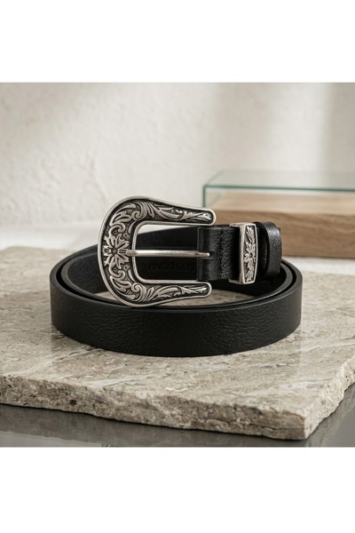 Gim Kemer Unisex Hakiki Deri 2 cm Western Tokalı Kemer - Siyah Oymalı Kovboy Stili Bel Kemeri