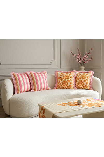 Sunumluxe Vintage Gül Desenli Pembe Desenli Runner + 4’lü Saçaklı Kırlent Kıl...