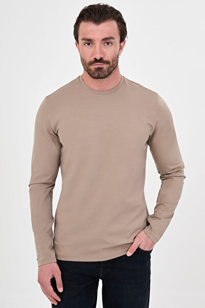 Mcr Plain Slim Fit High Crew Neck Cotton Long Sleeve Men's T-Shirt Mink - 369...