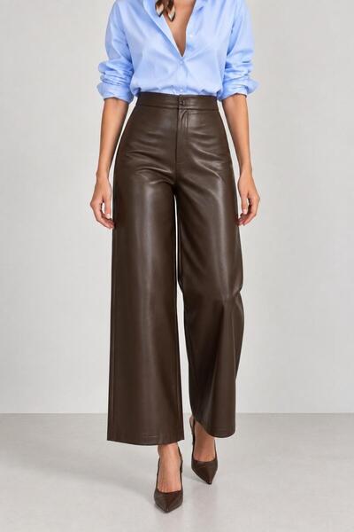 Grenj Fashion Kahverengi Bilek Boy Yüksek Bel Wide Leg Suni Deri Pantolon
