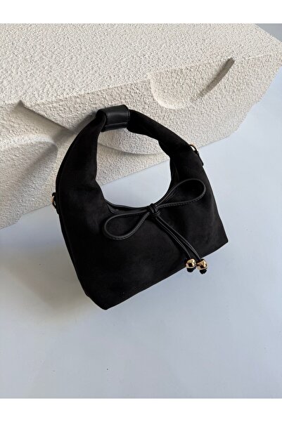 Mia Collection Bowknot Bag Model Hand and Women's Shoulder Bag Suede Bag Black