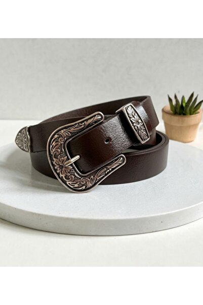 Gim Kemer Unisex Hakiki Deri 2 cm Western Tokalı Kemer - Kahverengi Oymalı Kovboy Stili