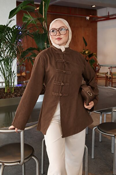 onlymoon Sarı %100 Koton Keten Tunik | Çin Düğme ve Dikiş Detaylı Uzun Tunik ...