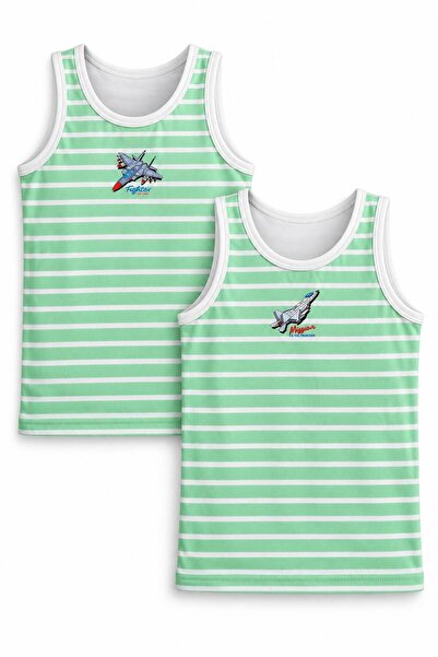 FUL 2-Piece Boys' Undershirts Green and White Striped, Front and Back Printed...