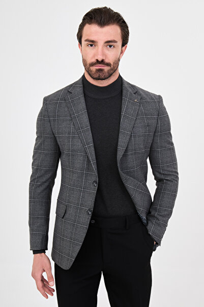 Mcr Plaid Slim Fit Mono Collar Wool Blend Men's Jacket Black - 41508.26K