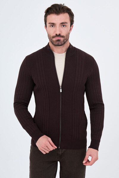 Mcr Striped Slim Fit Cashmere Zippered Side Pockets Stand Collar Men's Knitwe...