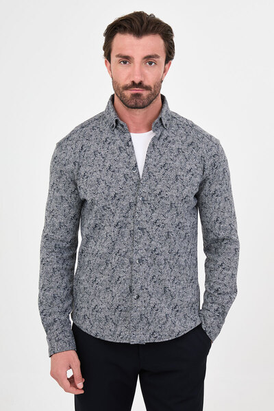 Mcr Patterned Slim Fit Stand Collar Long Sleeve Men's Shirt Navy Blue - 27160...