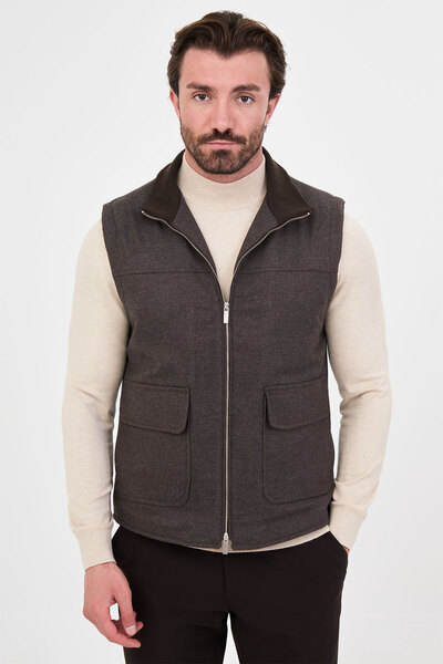 Mcr Plain Slim Fit Stand Collar Double Zipper Wool Blend Men's Vest Milk Coff...