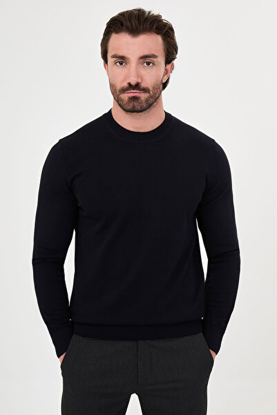 Mcr Plain Slim Fit High Crew Neck Cotton Men's Knitwear Sweater Navy Blue - 1...