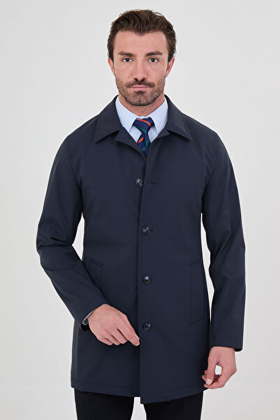 Mcr Straight Slim Fit Shirt Collar Buttoned Men's Trench Coat Navy Blue - 396...