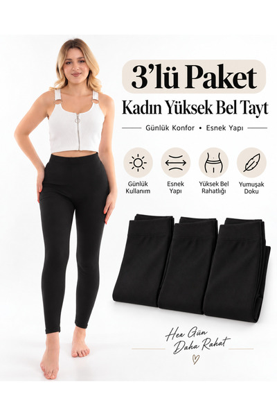 Isıl Termal | Kadın Yüksek Bel Kışlık Termal Tayt Eko Paket 3'Lü SİYAH ( 3 AD...