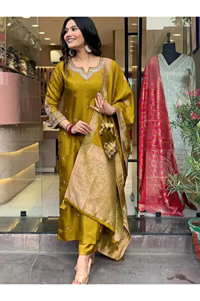 MYSMAR Mustard Yellow Embroidered Kurta Trouser Set with Patterned Dupatta - ...