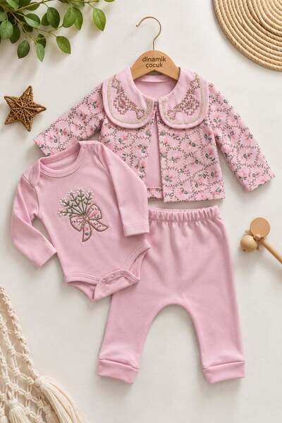 dinamik çocuk Girl baby floral embroidered wide collar jacket with bottom sna...