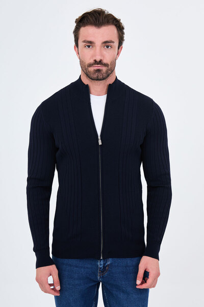 Mcr Striped Slim Fit Cashmere Zippered Side Pockets Stand Collar Men's Knitwe...