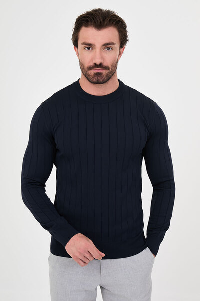 Mcr Ribbed Slim Fit Crew Neck Cotton Men's Knitwear Sweater Navy Blue - 11621...