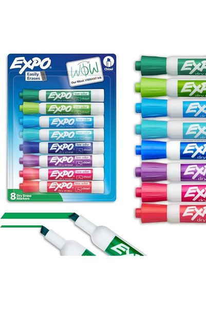 Expo أقلام سبورة بيضاء قابلة للمسح برأس إزميل، ألوان زاهية، عبوة من 8 قطع، حب...