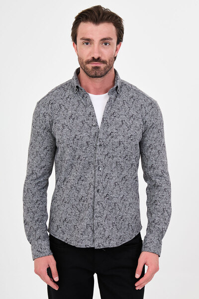 Mcr Patterned Slim Fit Stand Collar Lumberjack Long Sleeve Men's Shirt Anthra...
