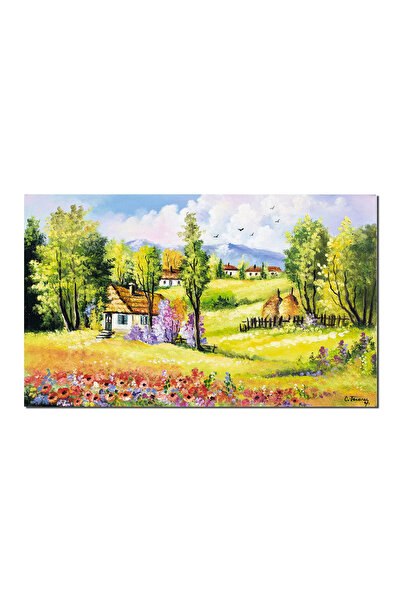 artnova Ръчно рисувана картина на селски пейзаж с къщи и бали със сено, Ъгълъ...