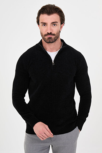 Mcr Plain Slim Fit Stand Collar Zippered Chenille Men's Knitwear Sweater Blac...