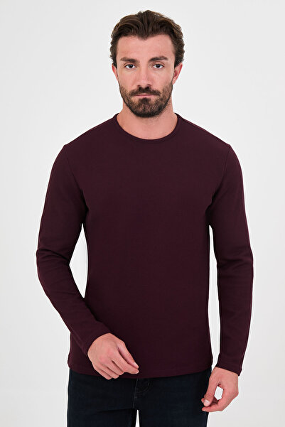 Mcr Tricou bărbătesc cu mânecă lungă, croială slim, guler polo, culoare burgu...