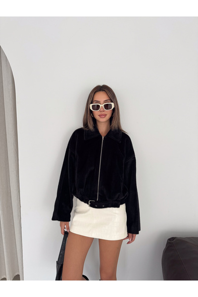 Bella Breeze Women's Plush Bomber Oversize Zippered Belt Detailed Short Seaso...
