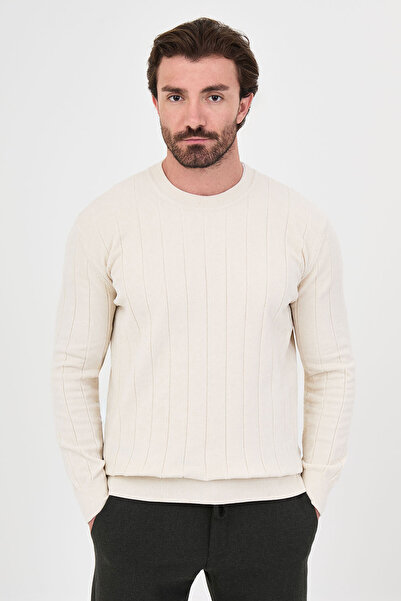 Mcr Ribbed Slim Fit Crew Neck Chenille Men's Knitwear Sweater Ecru - 11614.26K