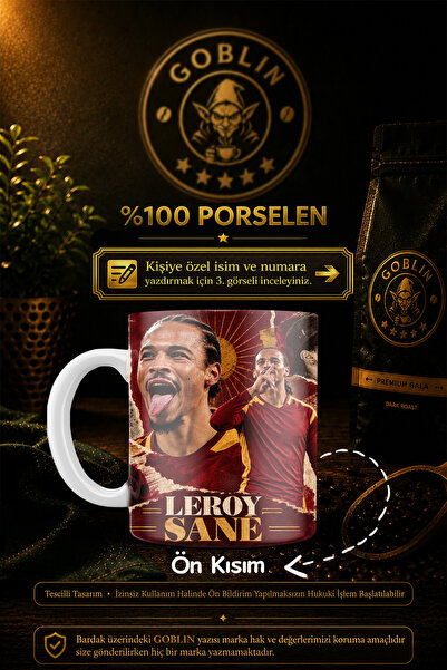Goblin Kişiye Özel isimli Leroy Sane Dijital imzalı Sarı Kırmızı Hediyelik Ku...