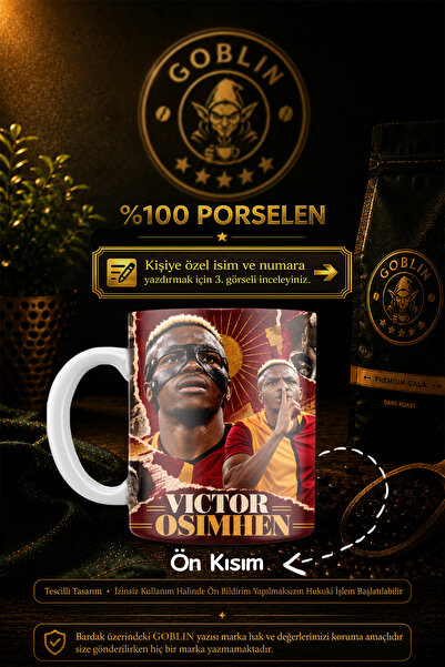 Goblin Kişiye Özel isimli Sarı Kırmızı Osimhen Dijital imzalı Porselen Kupa B...
