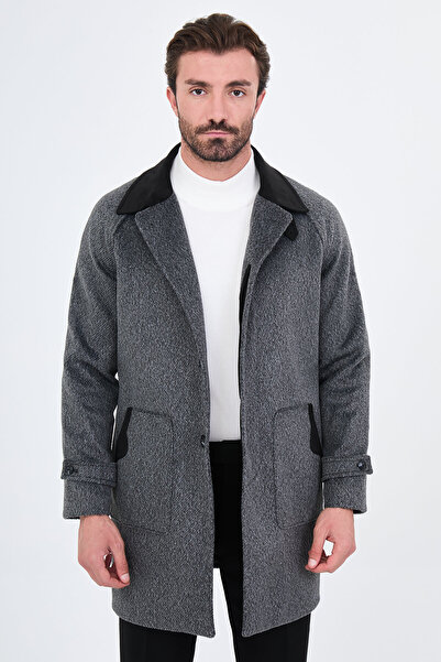 Mcr Textured Oversize Shirt Collar Hidden Button Side Pocket Wool Men's Coat ...