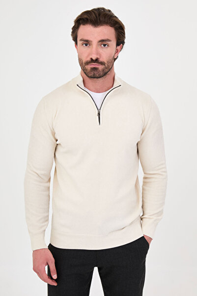 Mcr Plain Slim Fit Stand Collar Zippered Chenille Men's Knitwear Sweater Ecru...