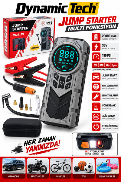 DynamicTech Jump Starter 20000mAh 36 V 150 PSI Akü Takviye Cihazı Hava Kompresörü