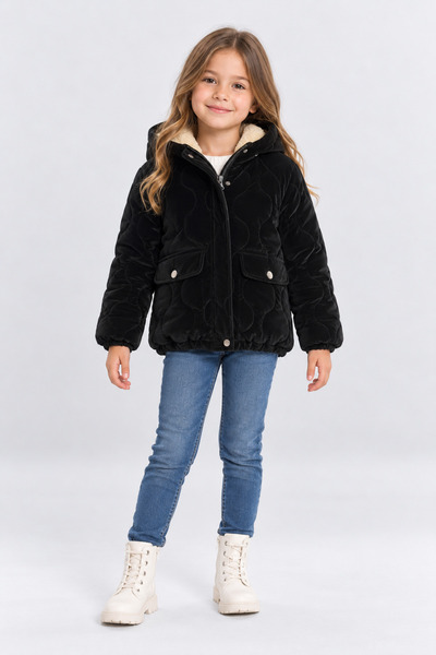 AHENGİM Girl's Hooded Soft Lined Winter Coat with Pockets Khaki Powder Black ...